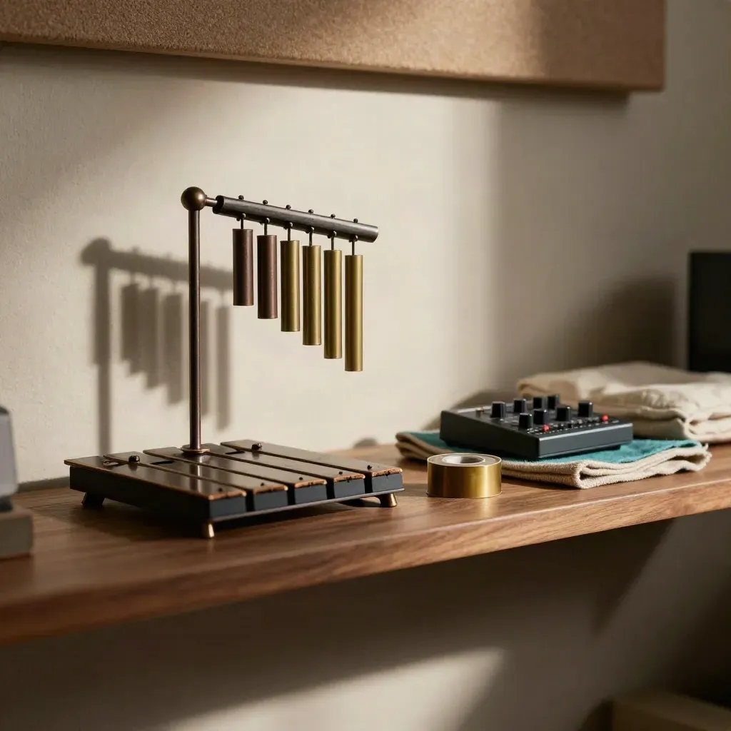 Tiny sonic-logo tools on a studio shelf: glockenspiel bars, brass chime, synth box, tape loop