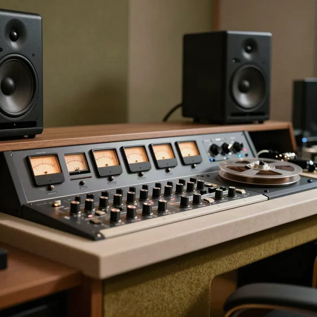 Mastering console with glowing VU meters, tape reel, monitors and compressor in a dim studio.
