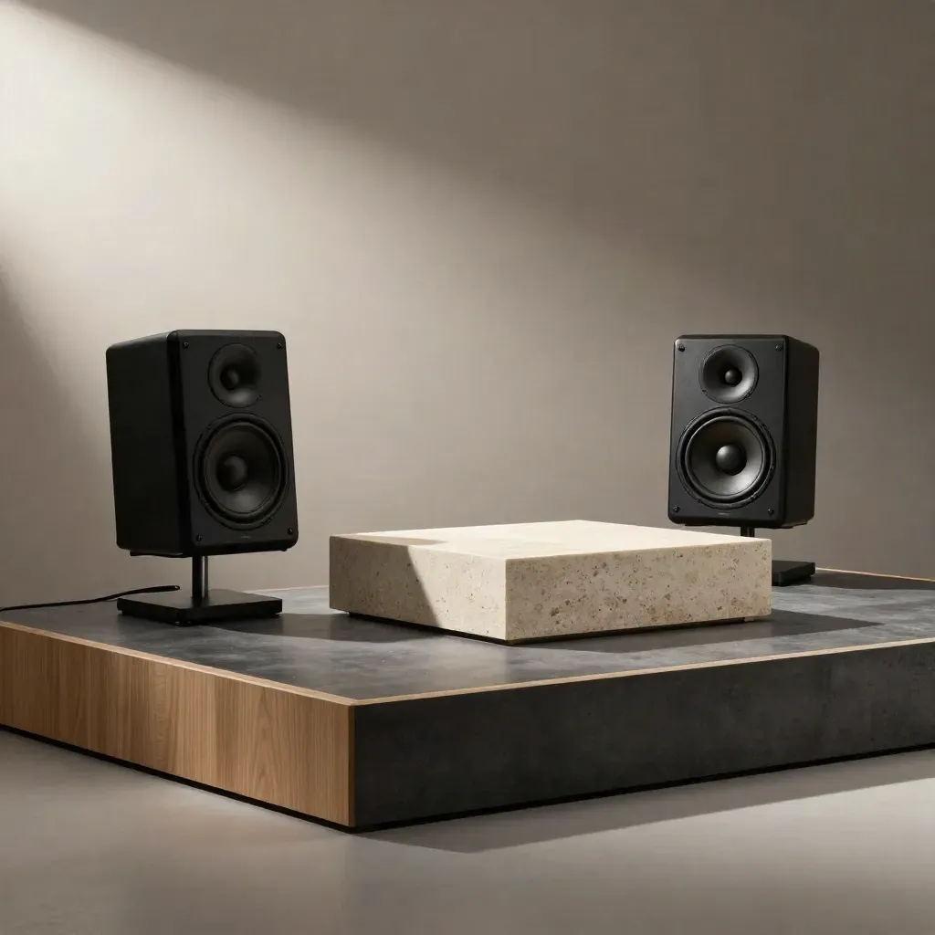 Empty demo stage with twin speakers, glowing pedestal, and haze-lit floor strip.