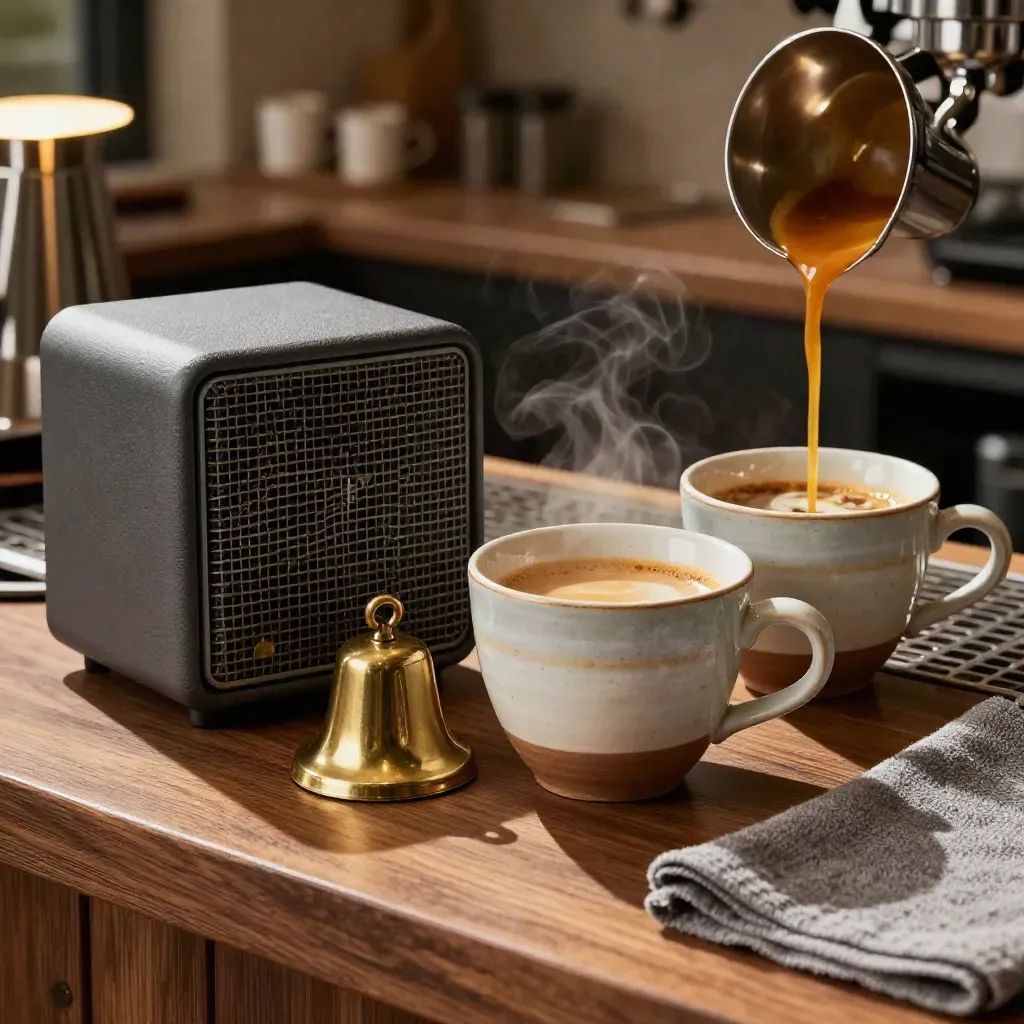 Extreme macro of a coffee counter: speaker grille, ceramic cups, brass bell, and espresso steam.