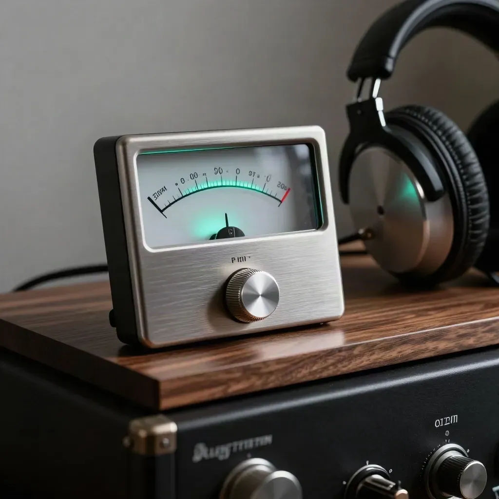 Macro of mastering gear: VU meter, controller knob, compressor faceplate and headphone cup.