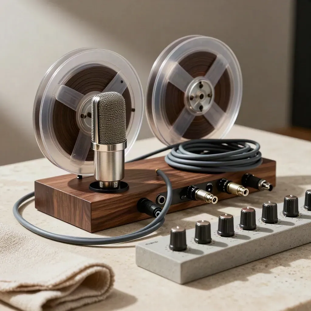 Walnut rack with tape reels, mic capsule, cables and compressor knobs on a limestone slab.